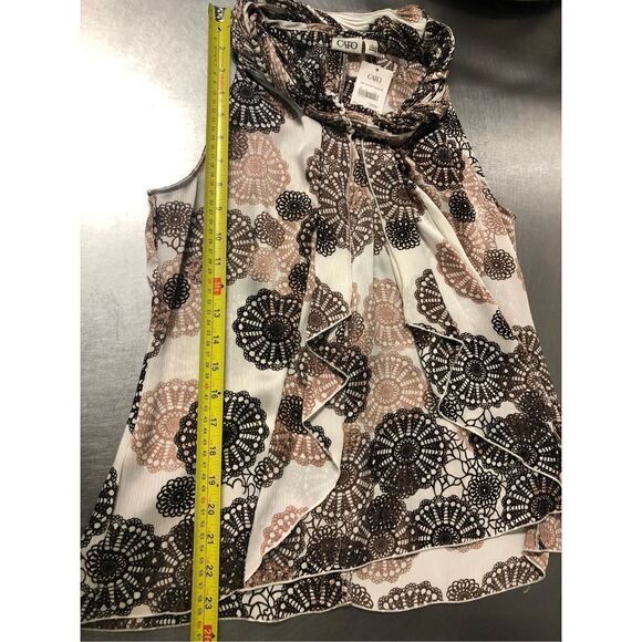 Cato Women’s Brown and Cream Paisley Circle Design Ruffle Sleeveless Tank Blouse - Picture 5 of 6